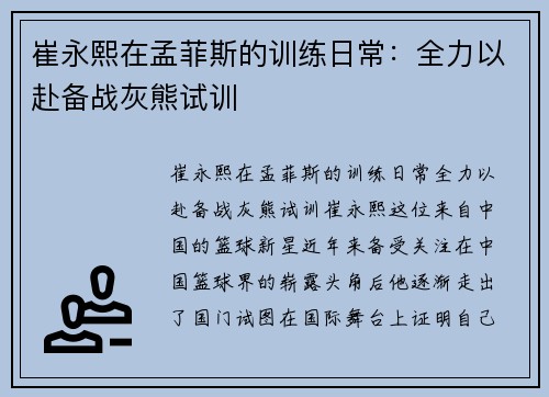 崔永熙在孟菲斯的训练日常：全力以赴备战灰熊试训