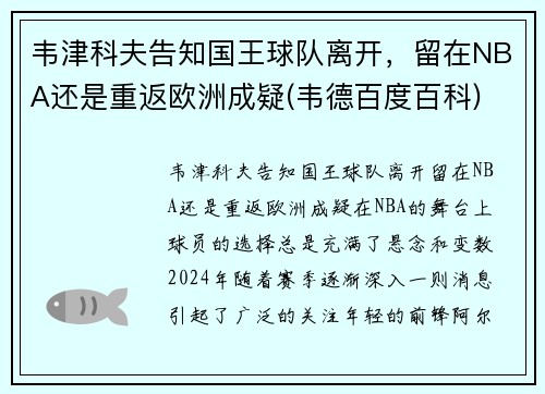 韦津科夫告知国王球队离开，留在NBA还是重返欧洲成疑(韦德百度百科)