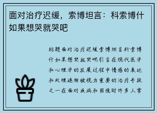 面对治疗迟缓，索博坦言：科索博什如果想哭就哭吧