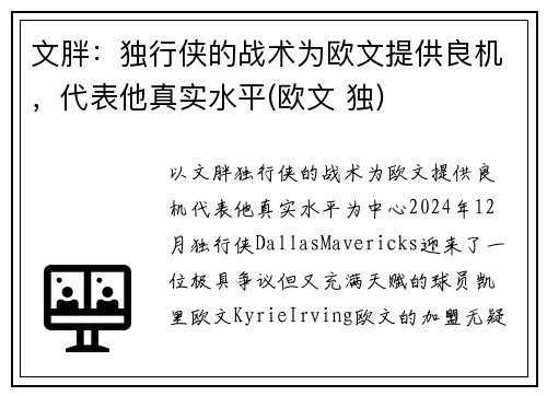 文胖：独行侠的战术为欧文提供良机，代表他真实水平(欧文 独)