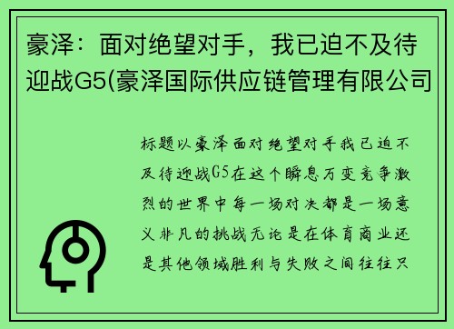 豪泽：面对绝望对手，我已迫不及待迎战G5(豪泽国际供应链管理有限公司)
